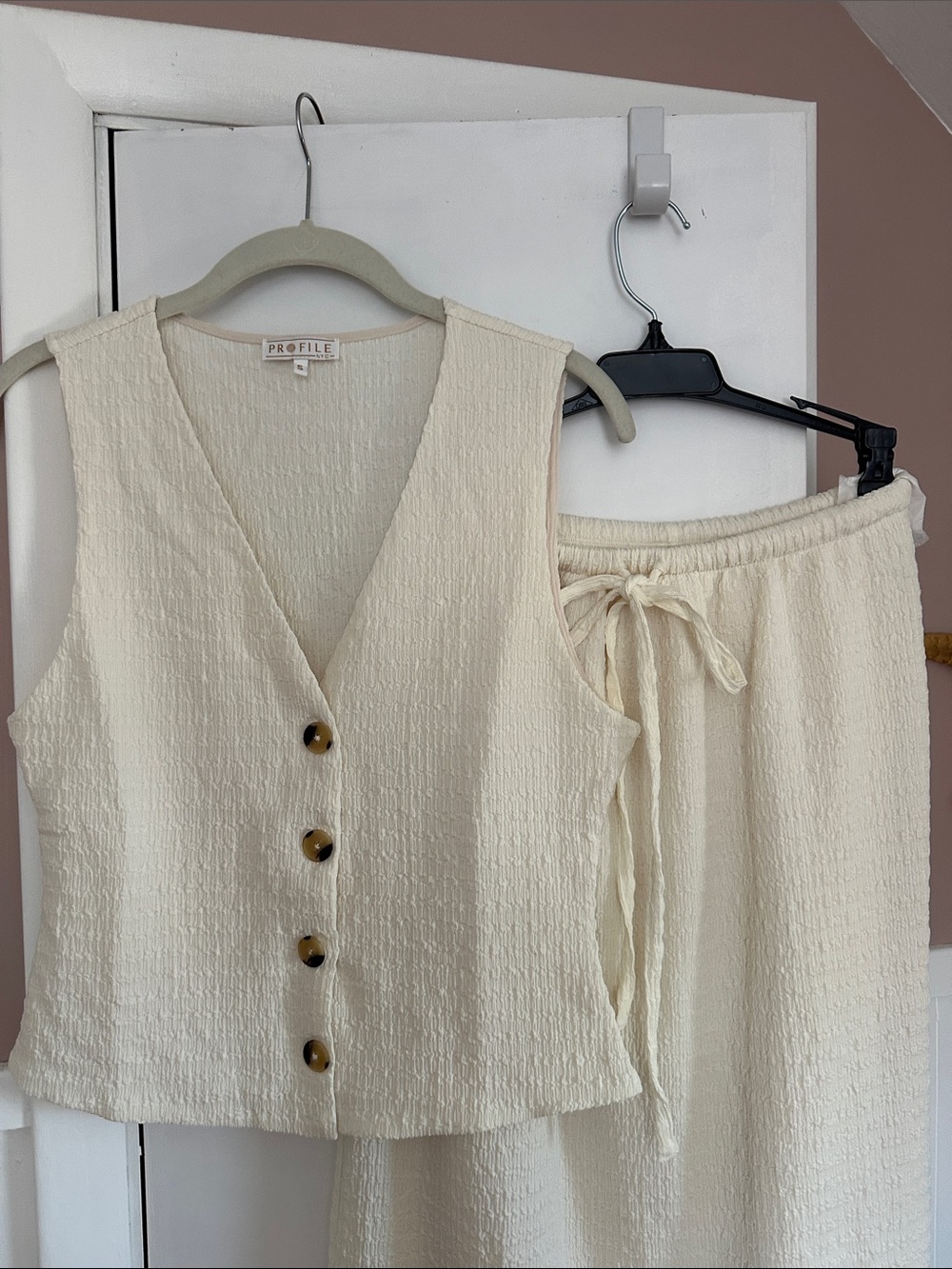 Profile NYC textured ivory skirt set, winter white skirt and vest, business suit